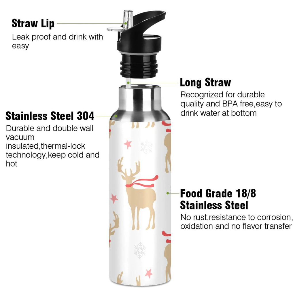 Gold Deers and Snowflakes Stainless Steel Insulated Water Bottle with Straw Lid B25406