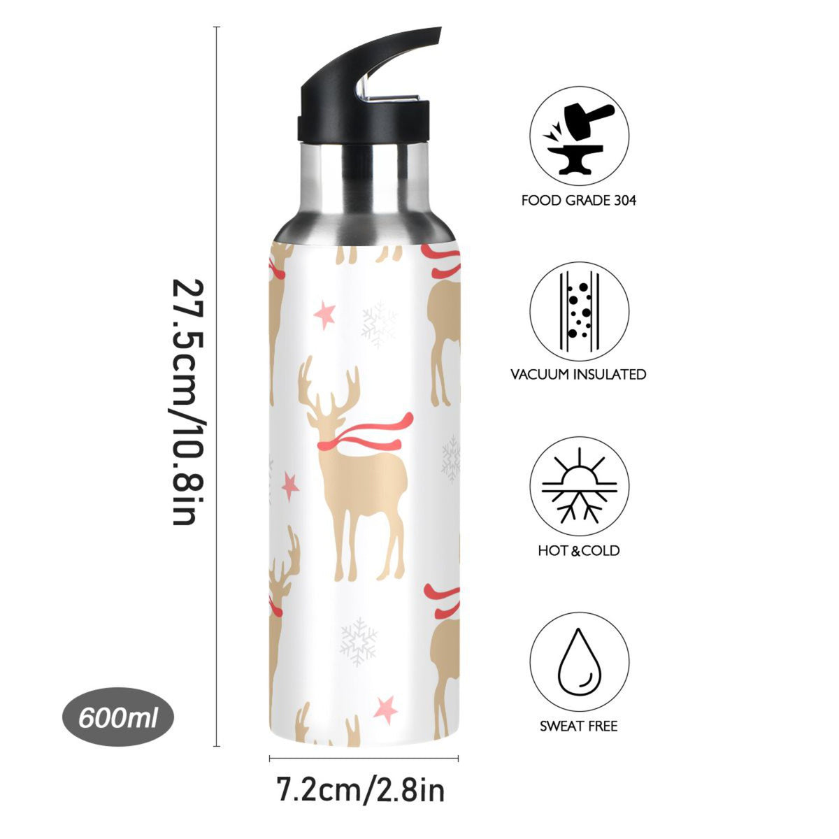 Gold Deers and Snowflakes Stainless Steel Insulated Water Bottle with Straw Lid B25406