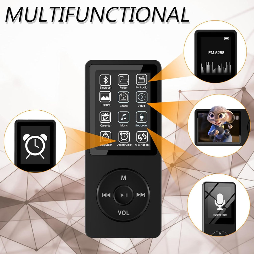 32GB Bluetooth MP3 Player with Speaker, FM Radio, Voice Recorder, Alarm Clock, Supports up to 128GB, Including Earphones F222