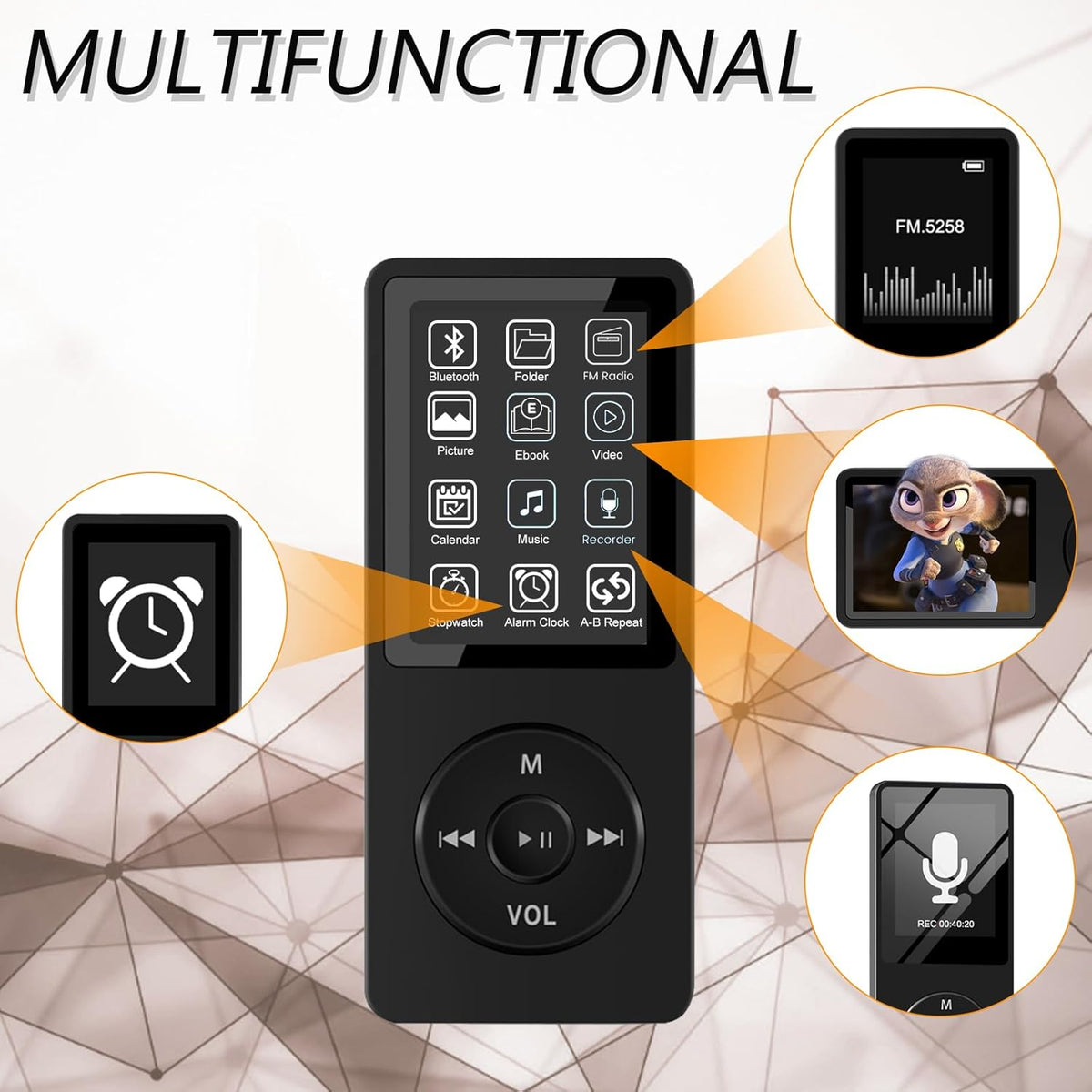 32GB Bluetooth MP3 Player with Speaker, FM Radio, Voice Recorder, Alarm Clock, Supports up to 128GB, Including Earphones F222