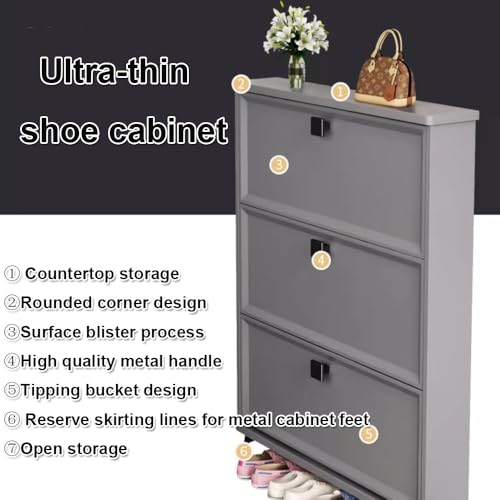 Gray Slim Shoe Cabinet with 3 Flip Drawers N270