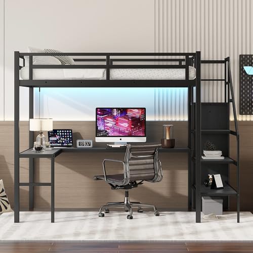 Black Full Size Gaming Loft Bed with Desk and Shelves R2077