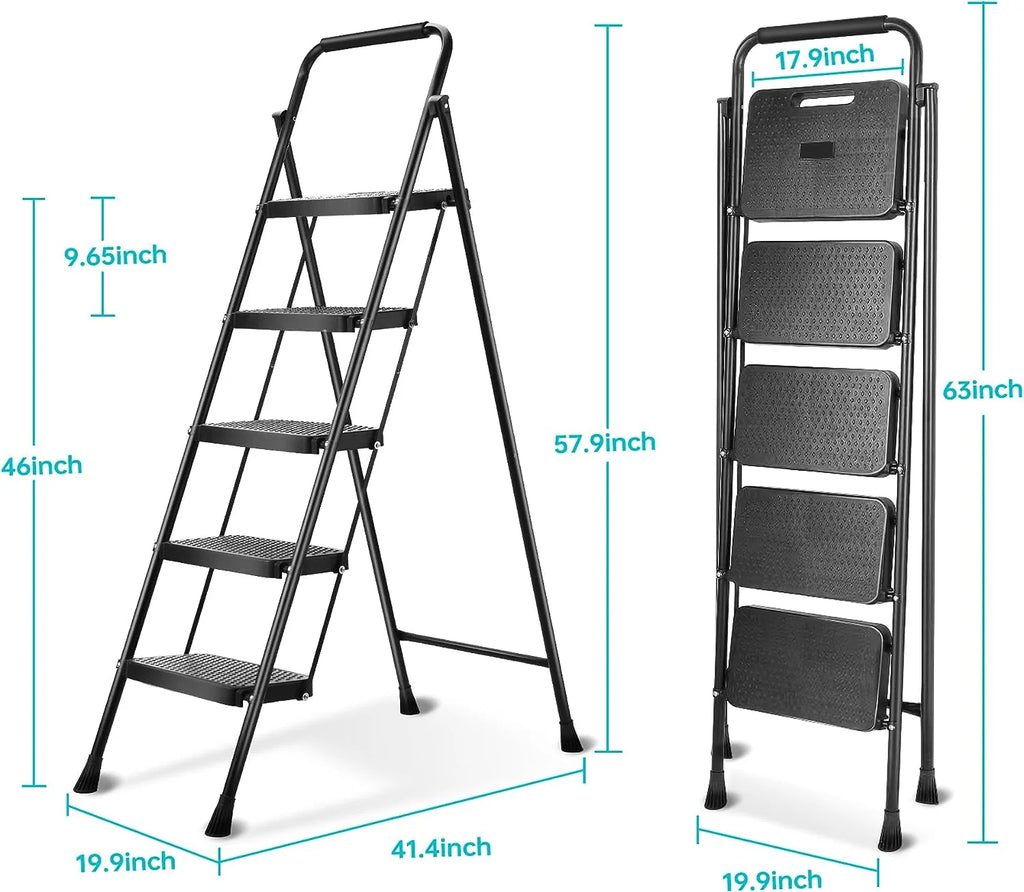 5 Step Lightweight Folding Steel Ladder 330lb Capacity O2540