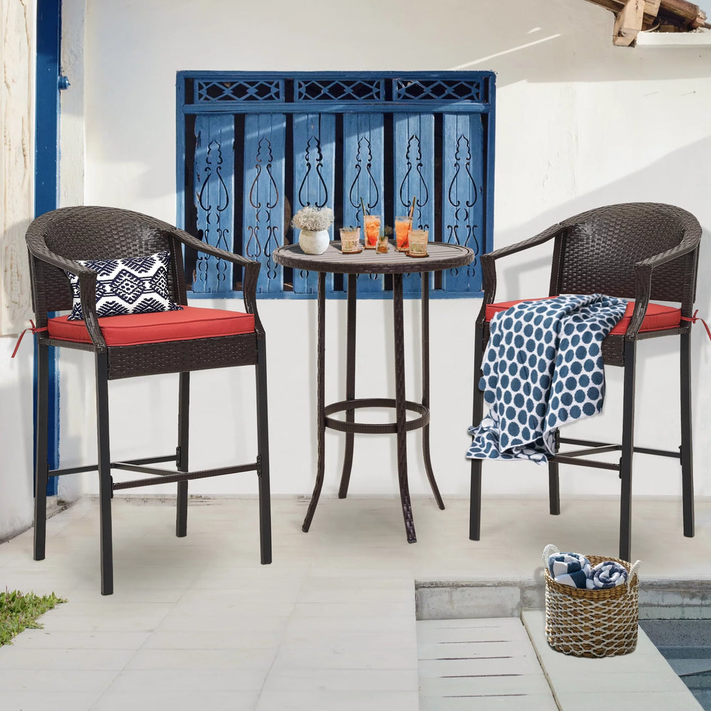 3 Pieces Red Wicker Patio Bar Stools U7140