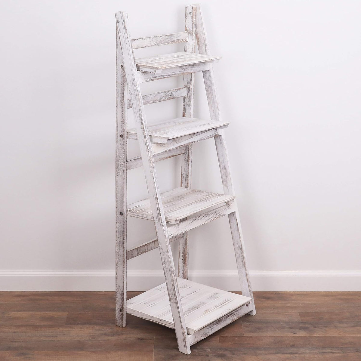 Distressed White Wooden Ladder Bookshelf X88406