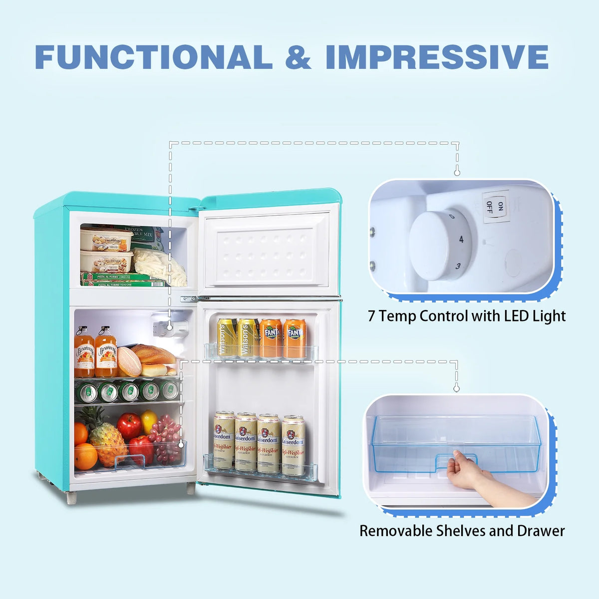 Mini Fridge with Freezer 3.5 Cu.ft Blue I767