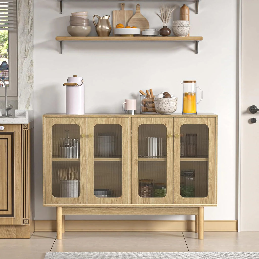 4 Door Wood Buffet Cabinet with Glass Door and Adjustable Shelves H8981