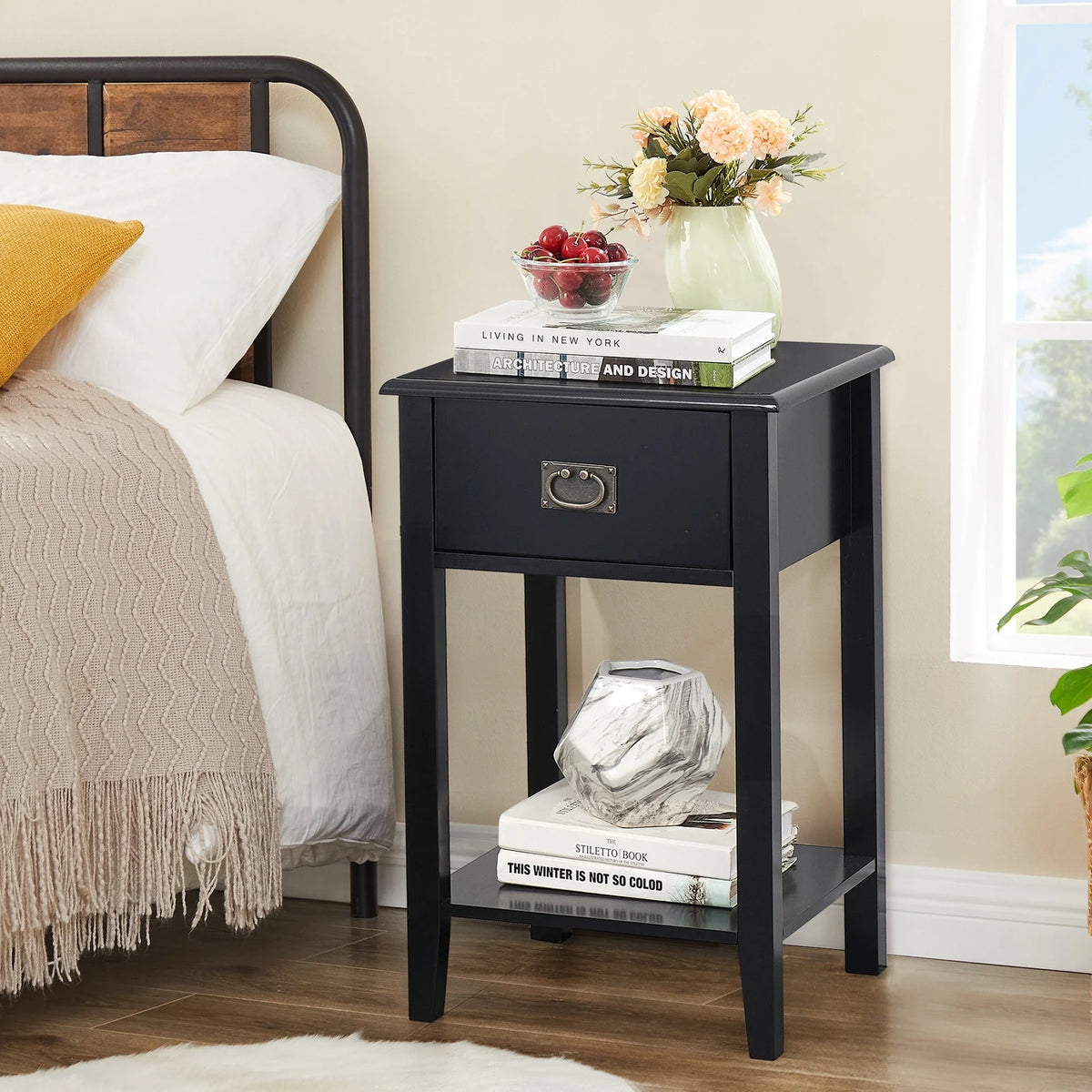 Black Wood Nightstand with 1 Drawer T32138