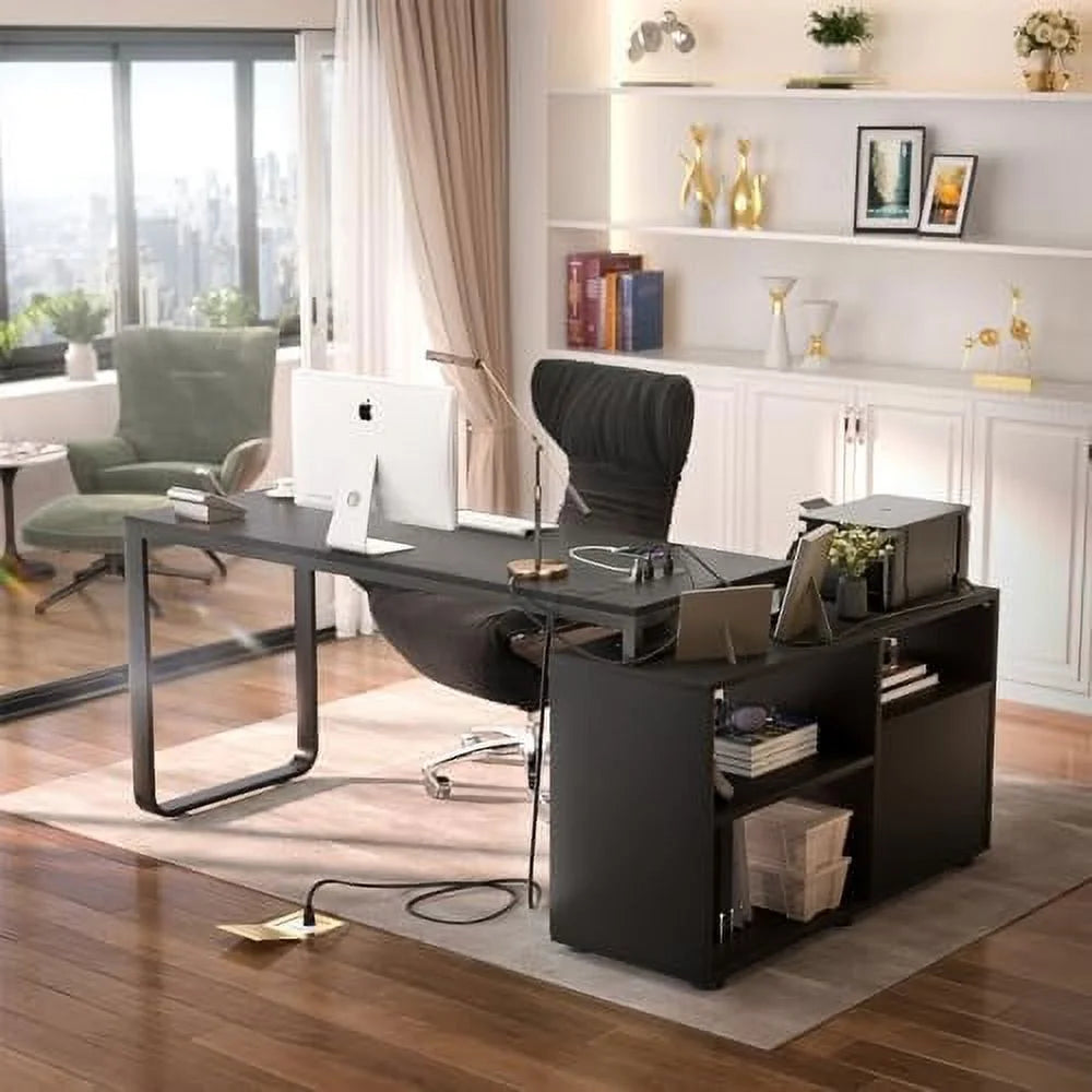 L Shaped Desk with File Cabinet and Power Outlet 55 Inch Grey Z291