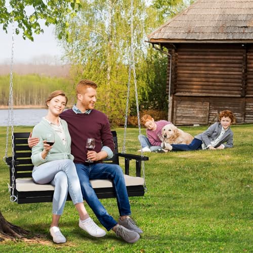 Heavy Duty Patio Wooden Porch Swing with Extra Cushion and Adjustable Chains V5117