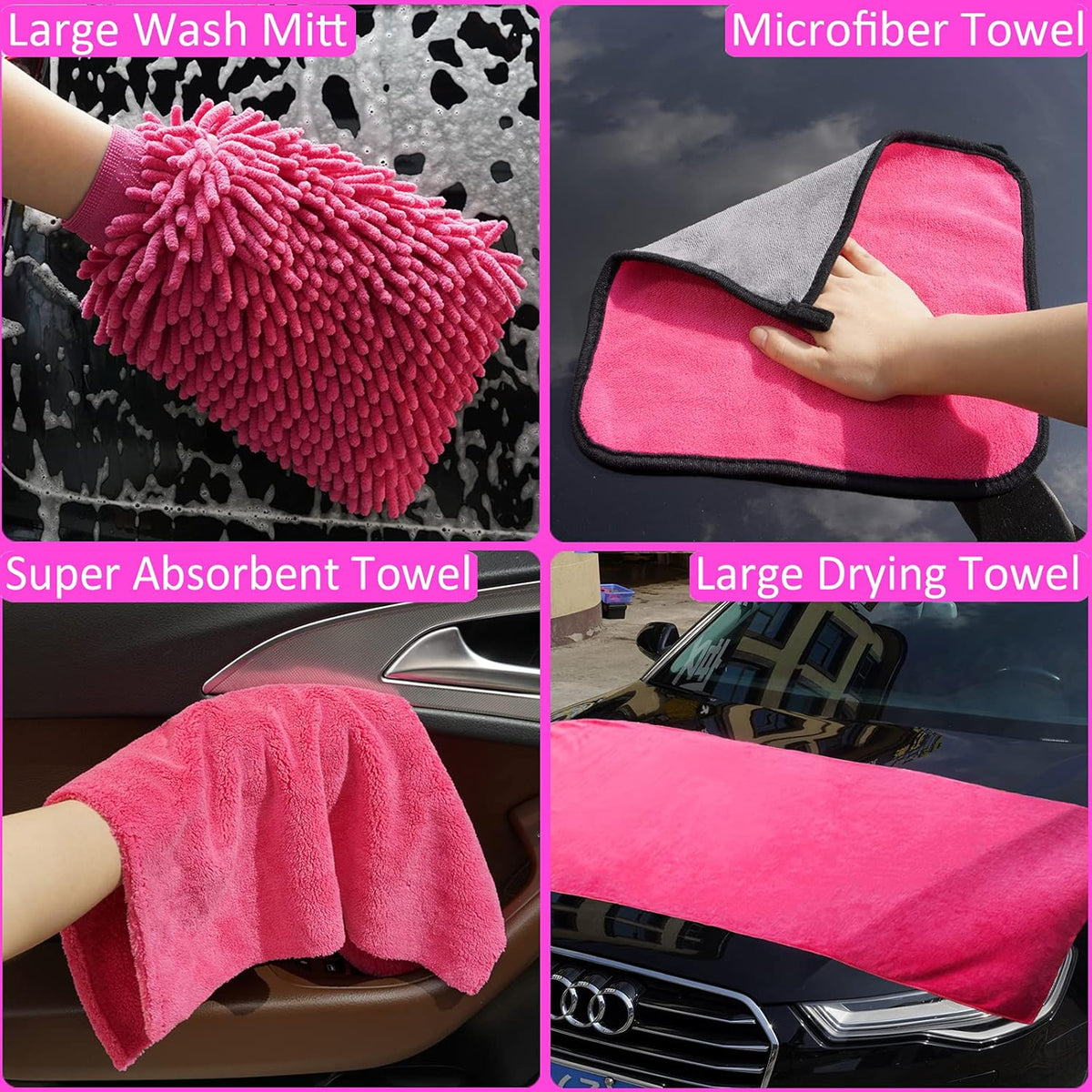 29Pcs Car Cleaning Kit Wash Tools Set with Long Handle Brush Mop, Extendable Pole, Wash Mitt, Towels, Storage Box, Pink S8992