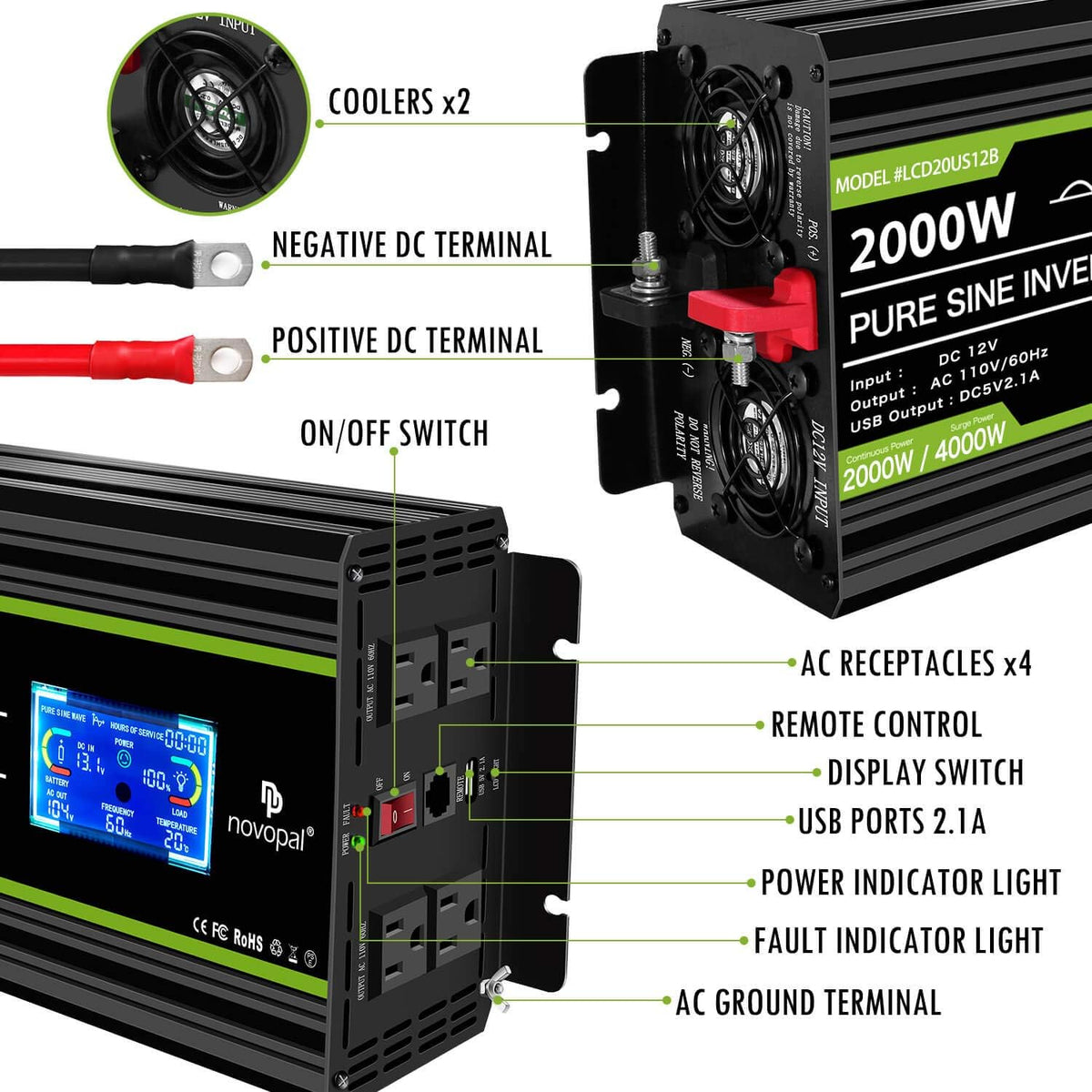 2000 Watt Pure Sine Wave Power Inverter 12V DC to 110V/120V AC Converter U1222