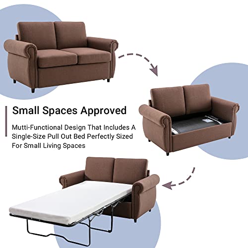 Gray Linen Pull Out Sofa Bed with Twin Memory Foam Mattress Y9415