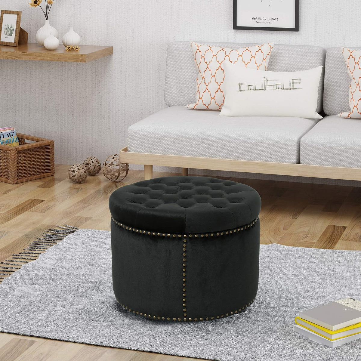 Black Velvet Tufted Ottoman A9354