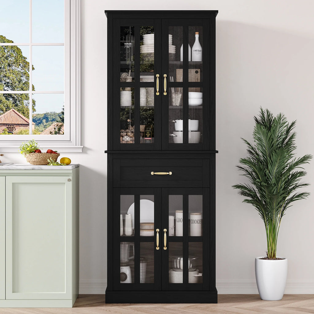 Black 71'' Wood Linen Cabinet with 4 Glass Doors H76896