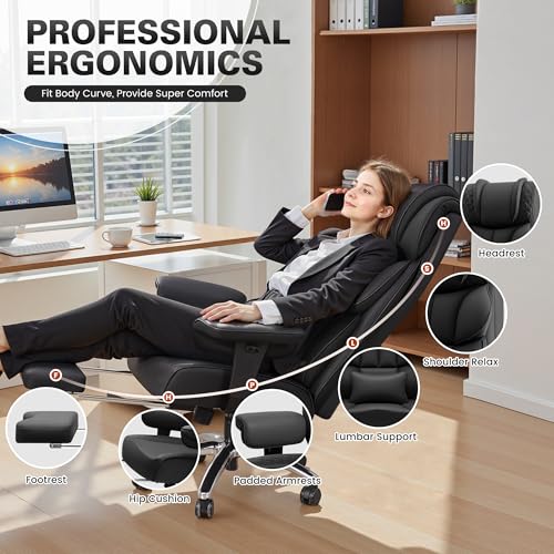 Black Leather Ergonomic Reclining Office Chair with Footrest I68055