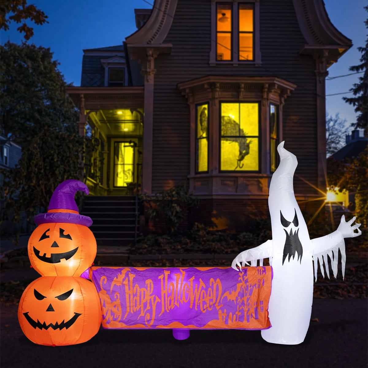 8FT Halloween Inflatables Outdoor Decoration Ghost Pumpkin Holding Happy Halloween Banner with Built-in Lights G8550