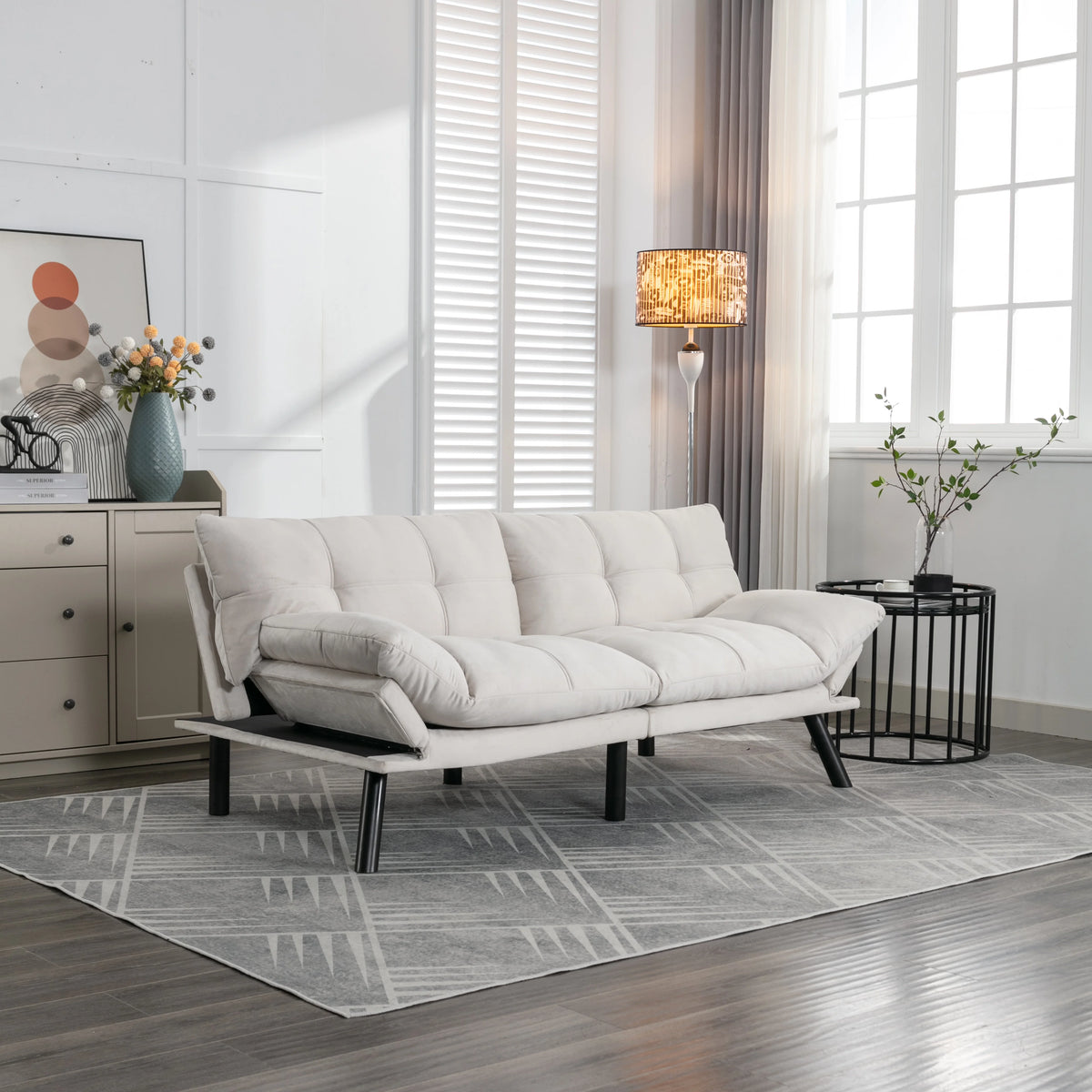 White Velvet Futon Sofa Bed with Adjustable Armrests G2905