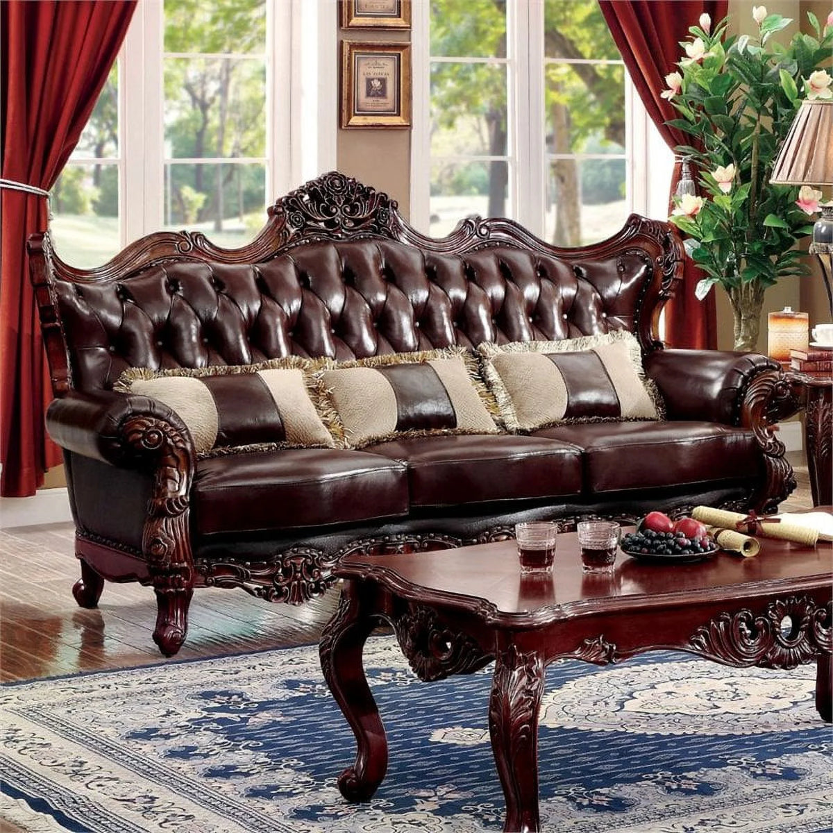 Dark Oak Top Grain Leather Tufted Sofa Z6483
