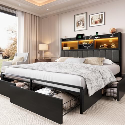 King Size Wooden Platform Bed Frame with 6 Storage Drawers and Headboard R6195