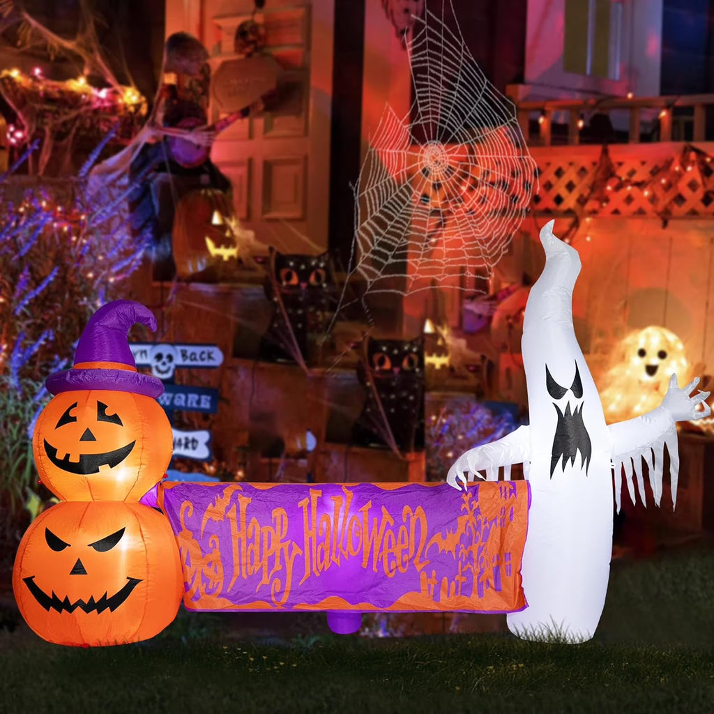 8FT Halloween Inflatables Outdoor Decoration Ghost Pumpkin Holding Happy Halloween Banner with Built-in Lights G8550