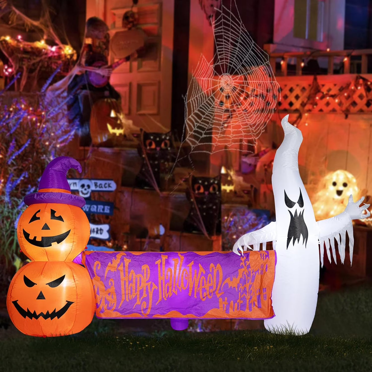 8FT Halloween Inflatables Outdoor Decoration Ghost Pumpkin Holding Happy Halloween Banner with Built-in Lights G8550