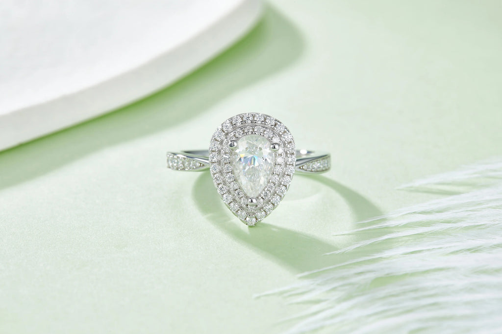 Pear Cut Moissanite Pave Set Engagement Ring In 18K White Gold Plating Over Silver V855039