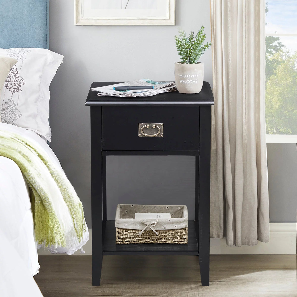 Black Wood Nightstand with 1 Drawer T32138
