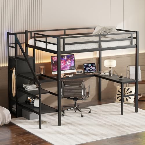 Black Full Size Gaming Loft Bed with Desk and Shelves R2077