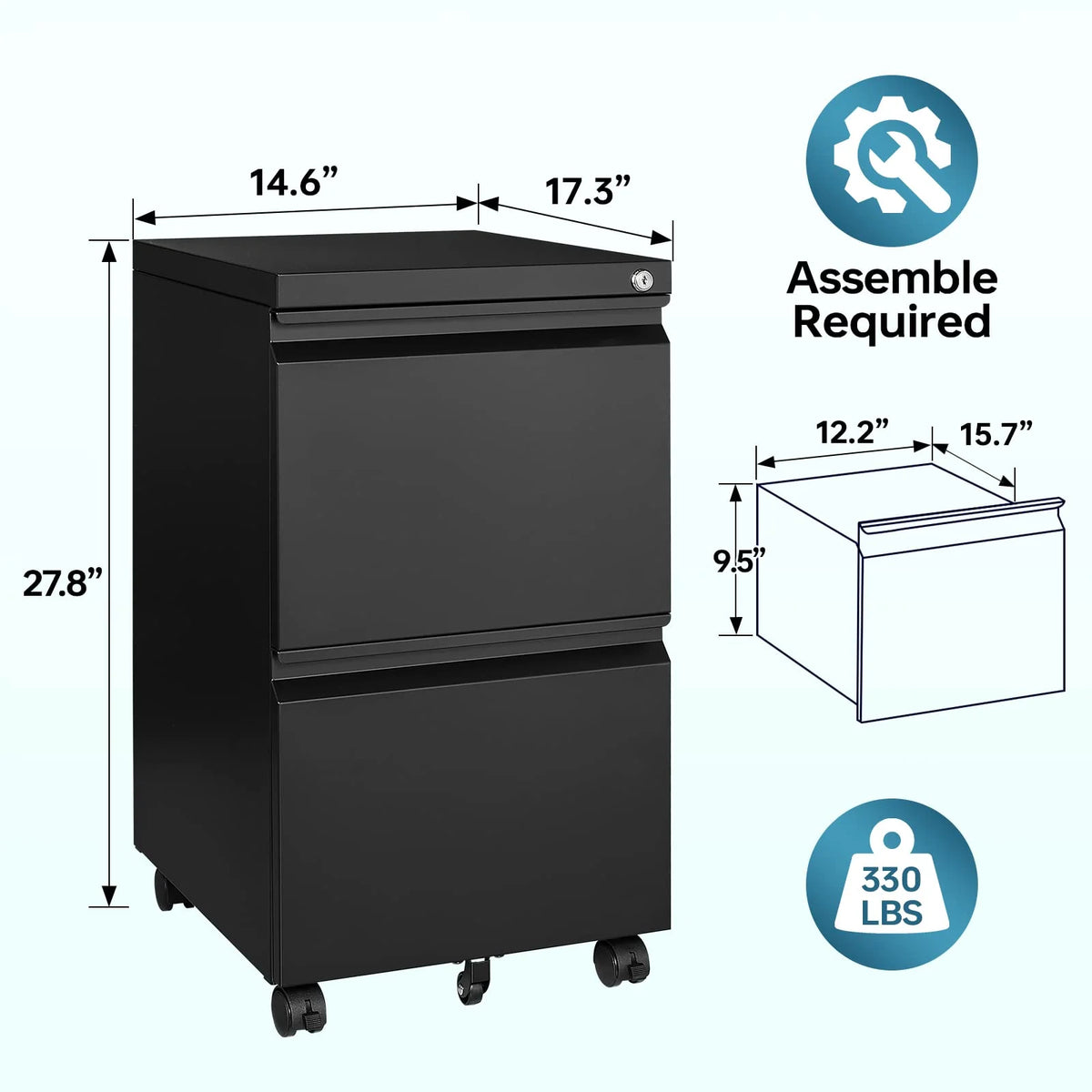 2 Drawer File Cabinet on Wheels with Lock L874
