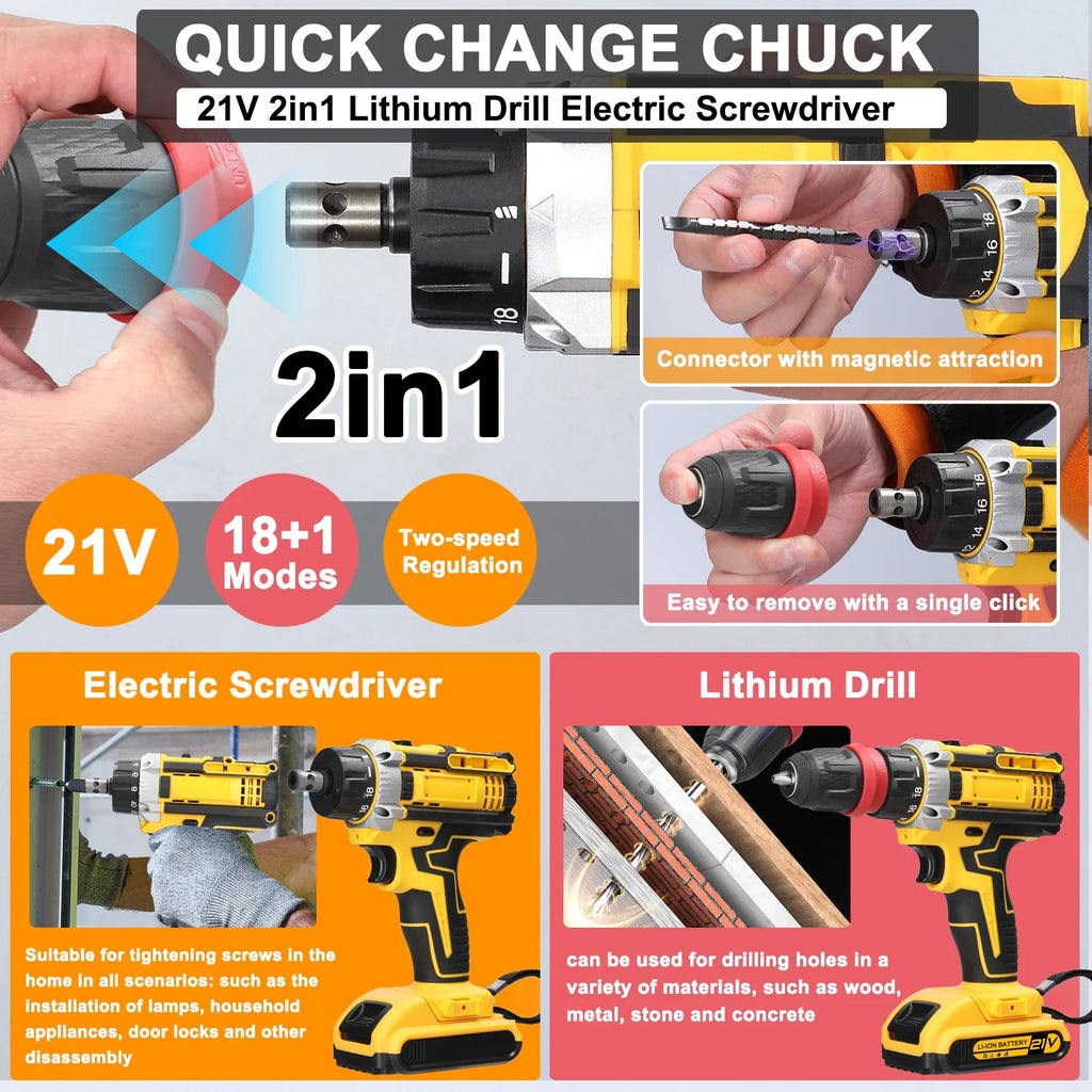 21V 2in1 Electric Screwdriver High Torque Brushed Motor X4053