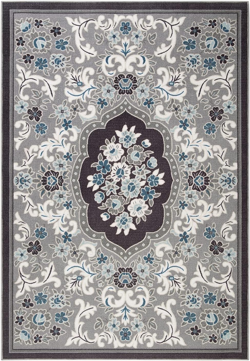 Gray 6'7" x 9' Non-Skid Rubber Backing Floral Area Rug B7860
