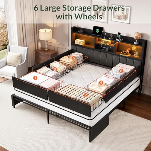 King Size Wooden Platform Bed Frame with 6 Storage Drawers and Headboard R6195