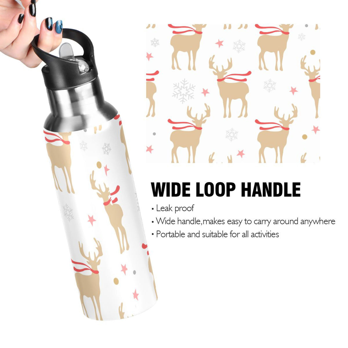 Gold Deers and Snowflakes Stainless Steel Insulated Water Bottle with Straw Lid B25406
