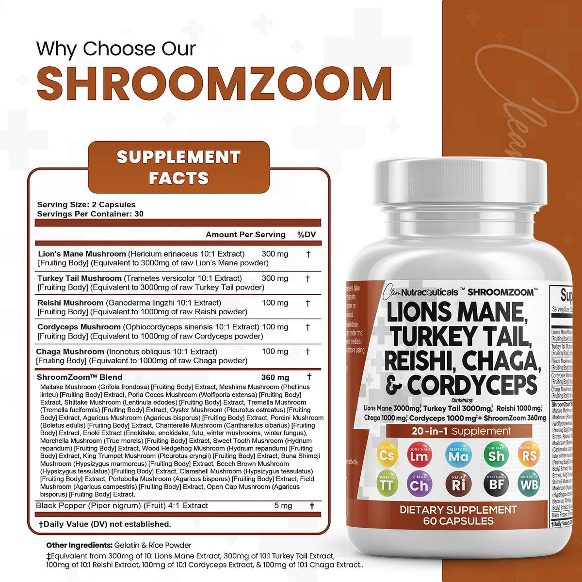 Lions Mane 3000mg 20in1 Mushroom Supplement 60 Count L7657