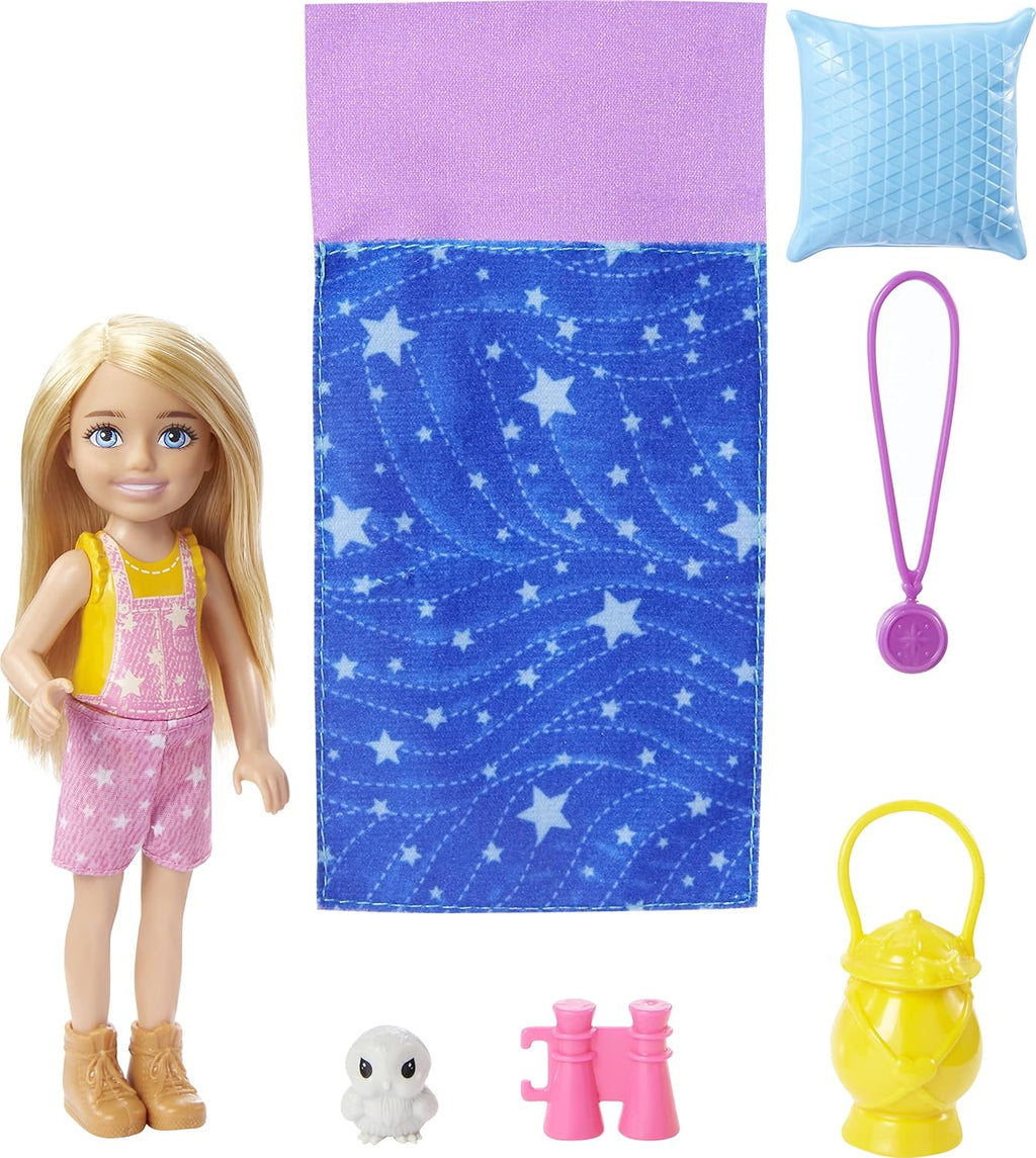 Barbie Doll and Accessories, Camping Doll with Pet Puppy and 10+ Accessories Camping Playset + Chelsea Doll (6 in, Blonde), Pet Owl, Sleeping Bag, Binocu Q422231