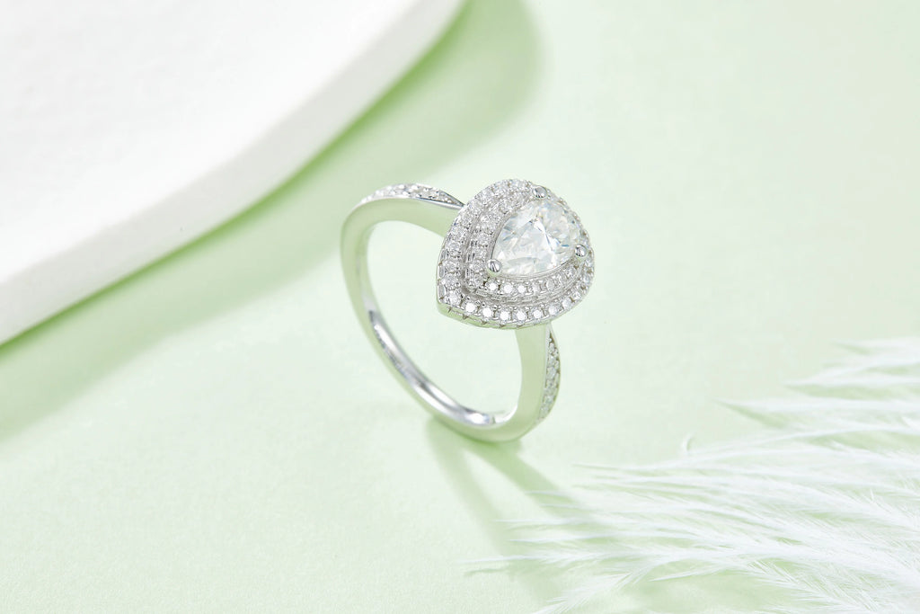 Pear Cut Moissanite Pave Set Engagement Ring In 18K White Gold Plating Over Silver V855039