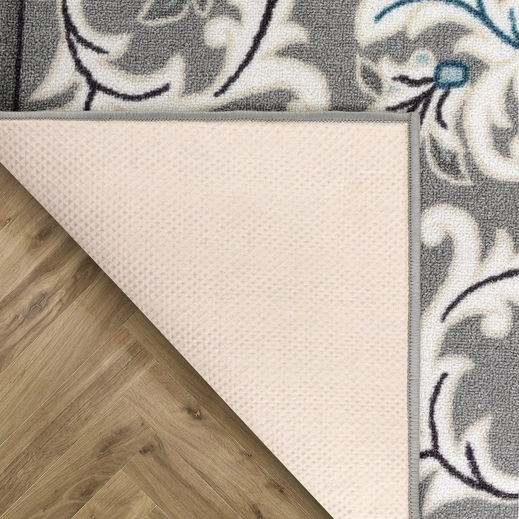 Gray 6'7" x 9' Non-Skid Rubber Backing Floral Area Rug B7860