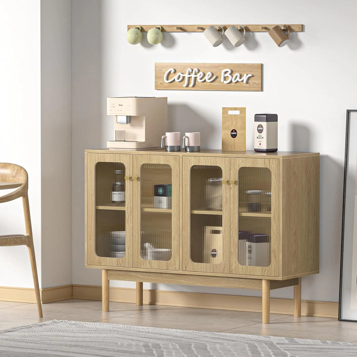 4 Door Wood Buffet Cabinet with Glass Door and Adjustable Shelves H8981