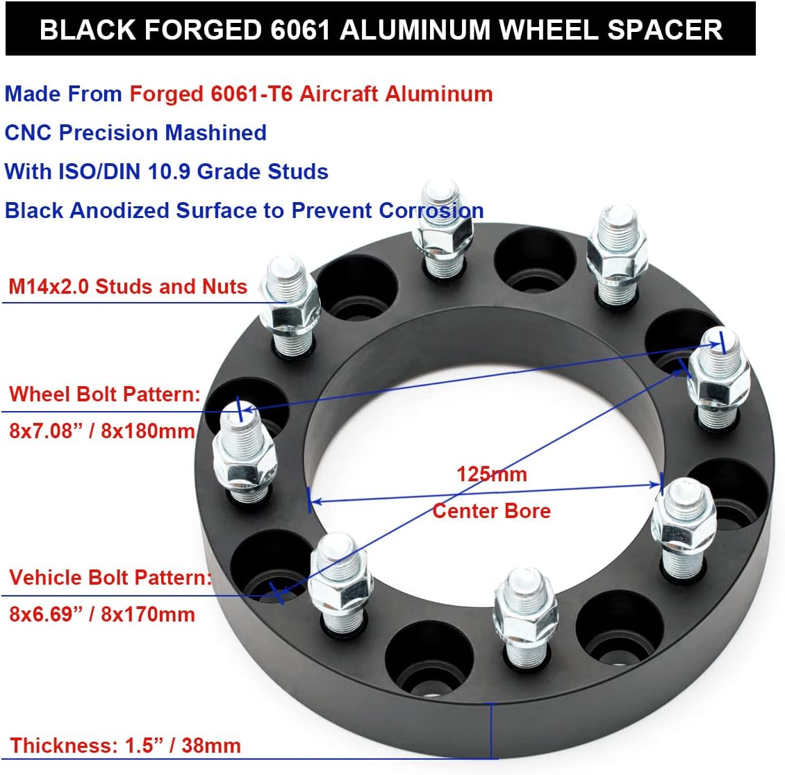 Black Forged 8x170 to 8x180 Wheel Adapters 1.5 Inch with 14x2 Studs Pack of 4 Q2931