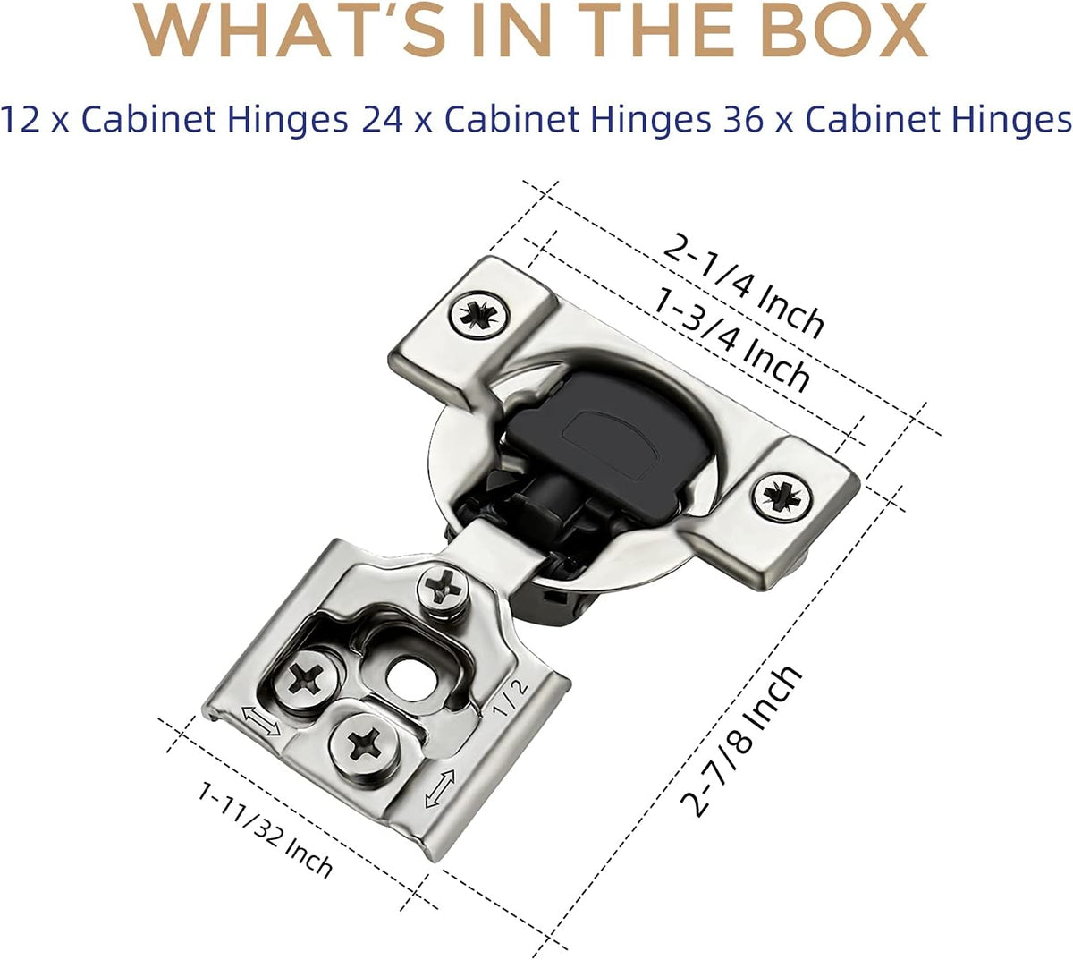 12 Pack 6 Pairs 1/2 inch Overlay Soft Close Hinges Satin Nickel Stainless Steel Concealed Hinge Z341158
