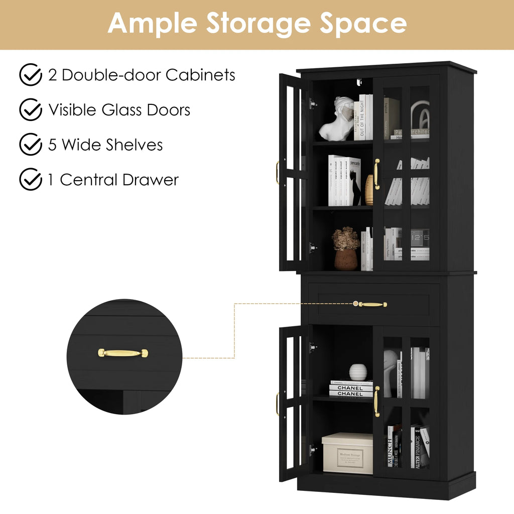 Black 71'' Wood Linen Cabinet with 4 Glass Doors H76896