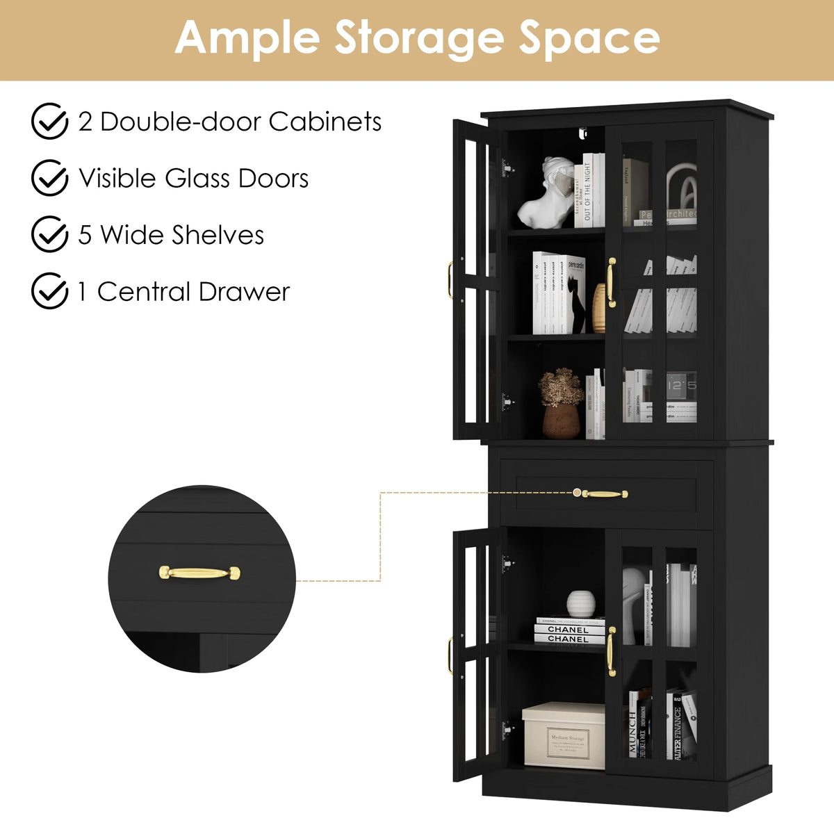 Black 71'' Wood Linen Cabinet with 4 Glass Doors H76896
