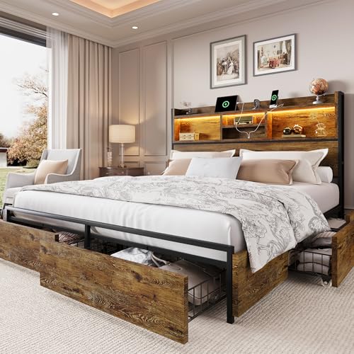 King Size Wooden Platform Bed Frame with 6 Storage Drawers and Headboard R6195