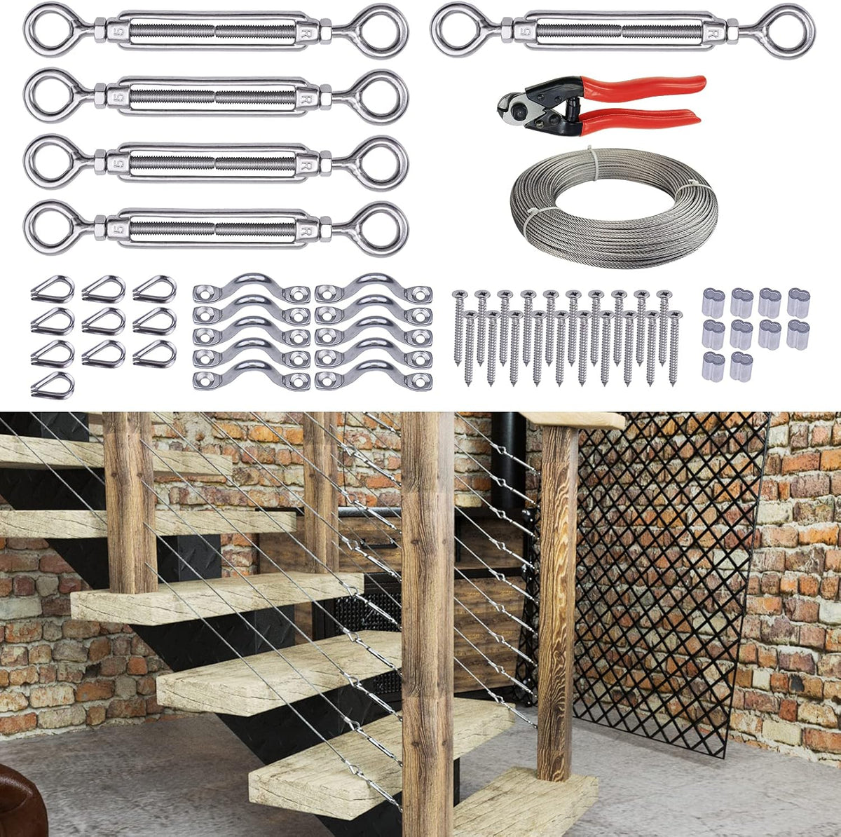 5Set 1/8 Cable Railing Kit Hardware Turnbuckle M5 Eye to Eye and 165' Wire Rope for Wood Post Stainless Steel Angle Adjustable 5 Cable Lines Z187777