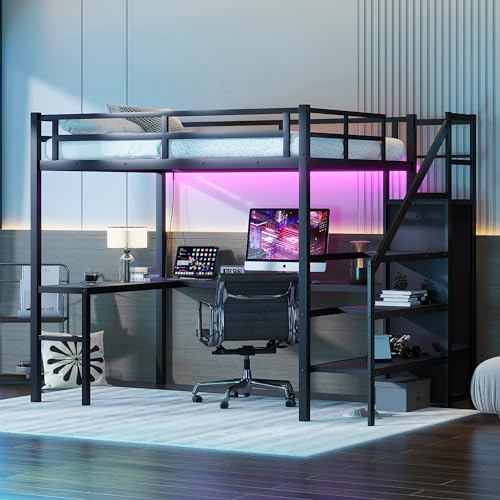 Black Full Size Gaming Loft Bed with Desk and Shelves R2077