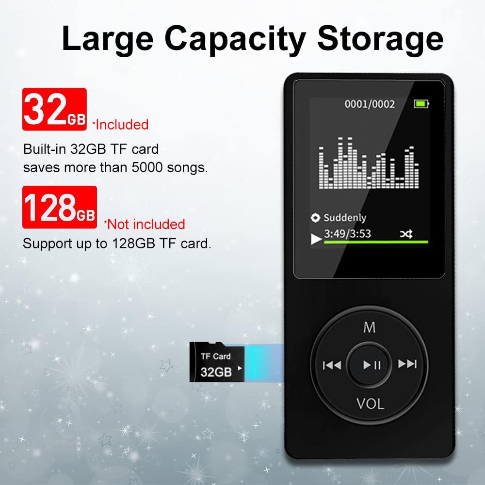 32GB Bluetooth MP3 Player with Speaker, FM Radio, Voice Recorder, Alarm Clock, Supports up to 128GB, Including Earphones F222