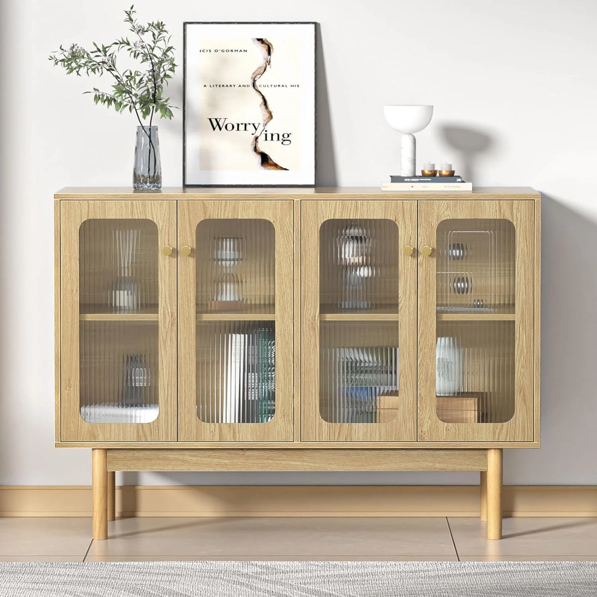 4 Door Wood Buffet Cabinet with Glass Door and Adjustable Shelves H8981