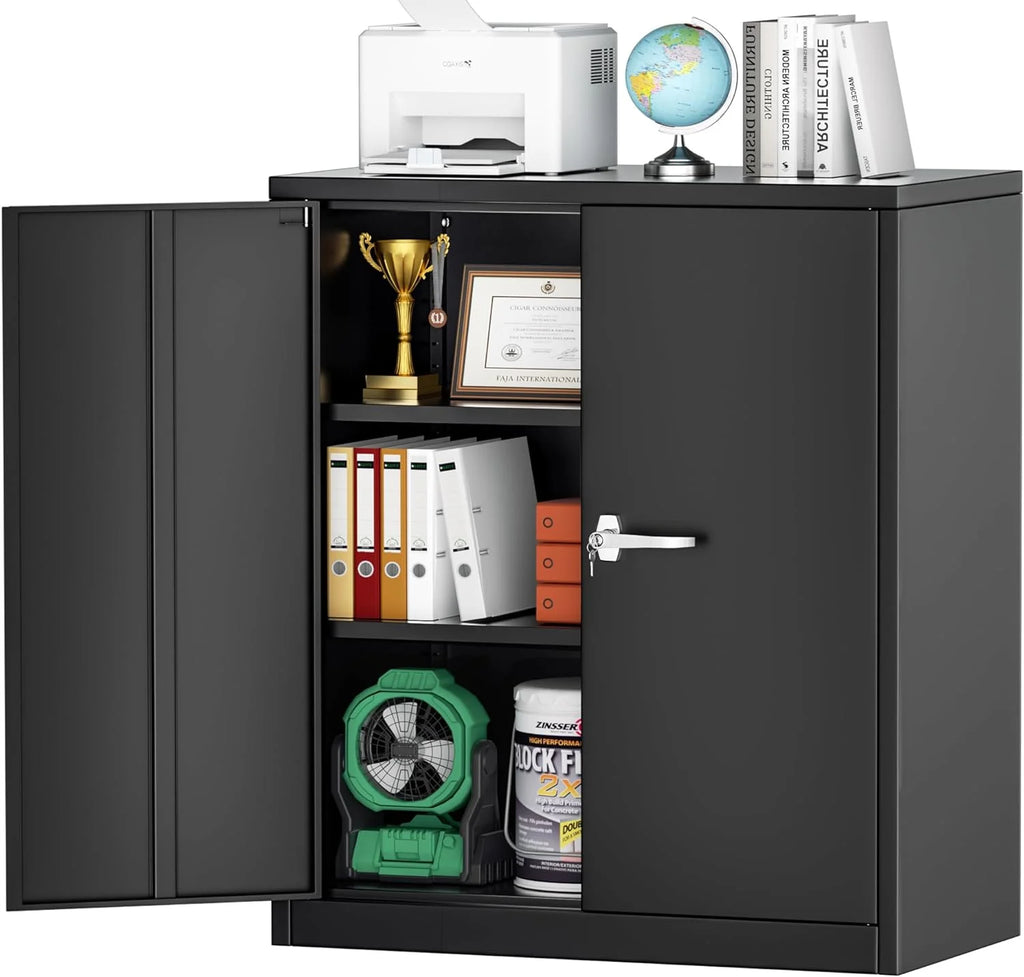 42 In Black Metal Storage Cabinet with Locking Doors and 2 Adjustable Shelves C3999