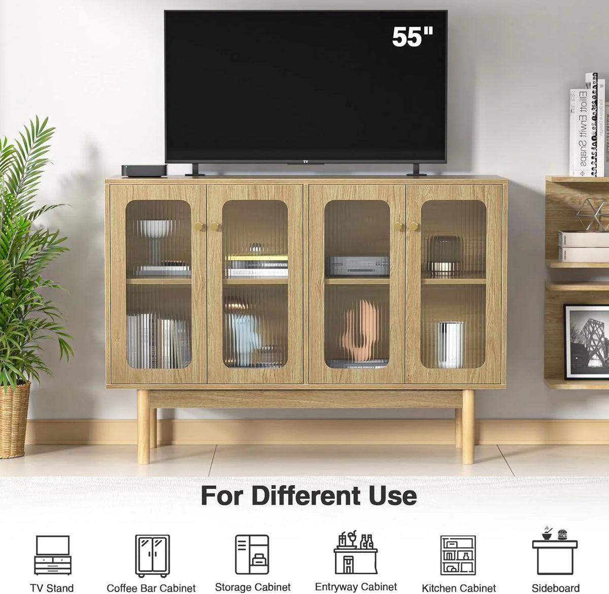4 Door Wood Buffet Cabinet with Glass Door and Adjustable Shelves H8981